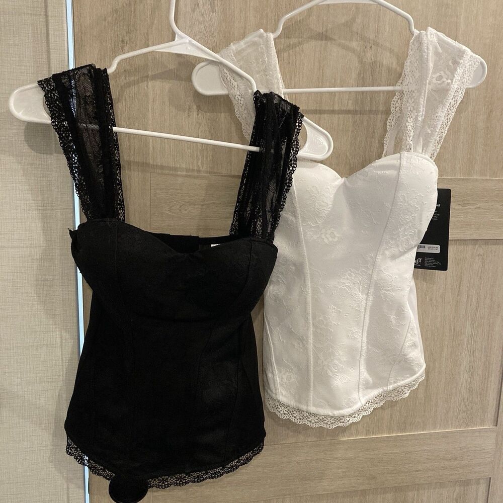 Lace Corsets White Black Coquette Whimsigoth Cap Sleeve Floral Top Women S Lot/2 - Picture 1 of 11